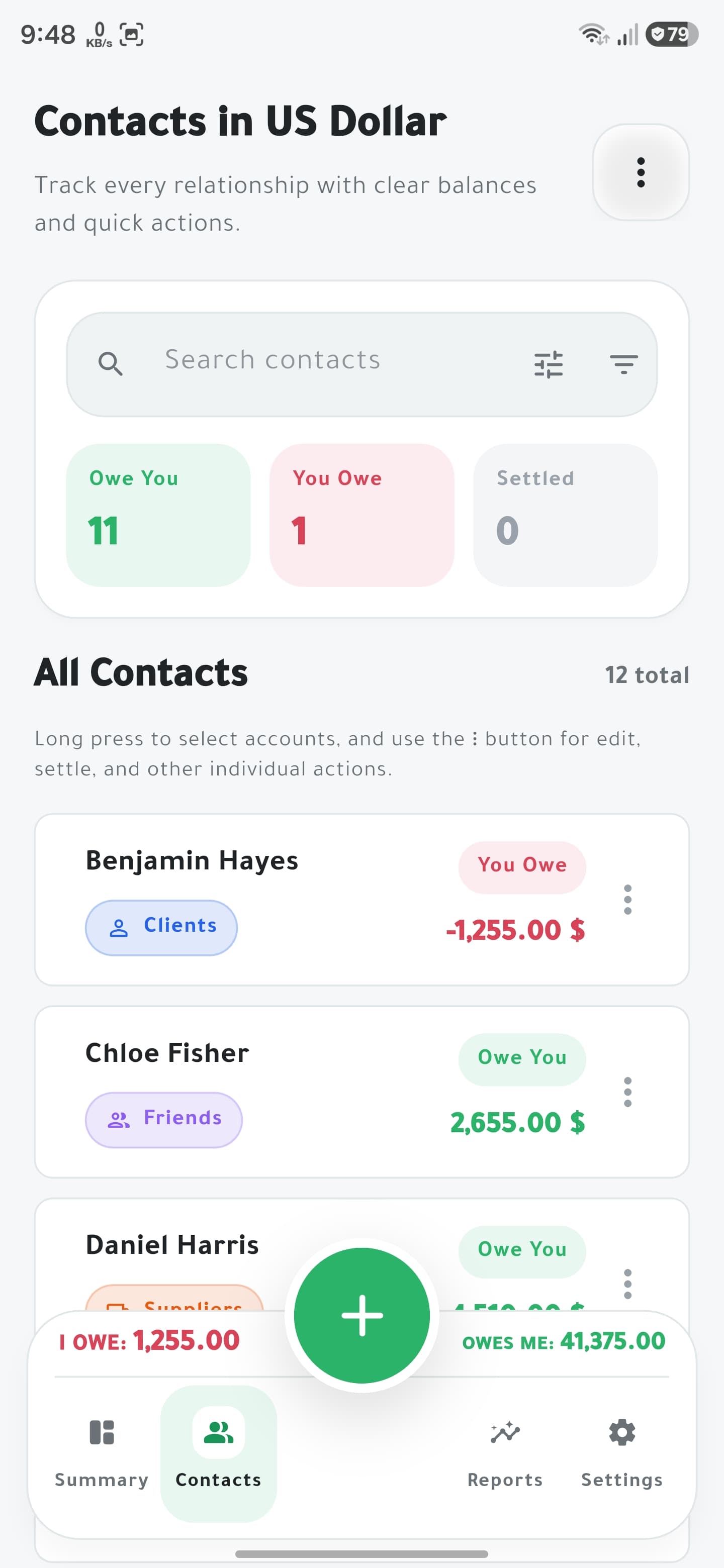 VeloDebt contacts overview screenshot