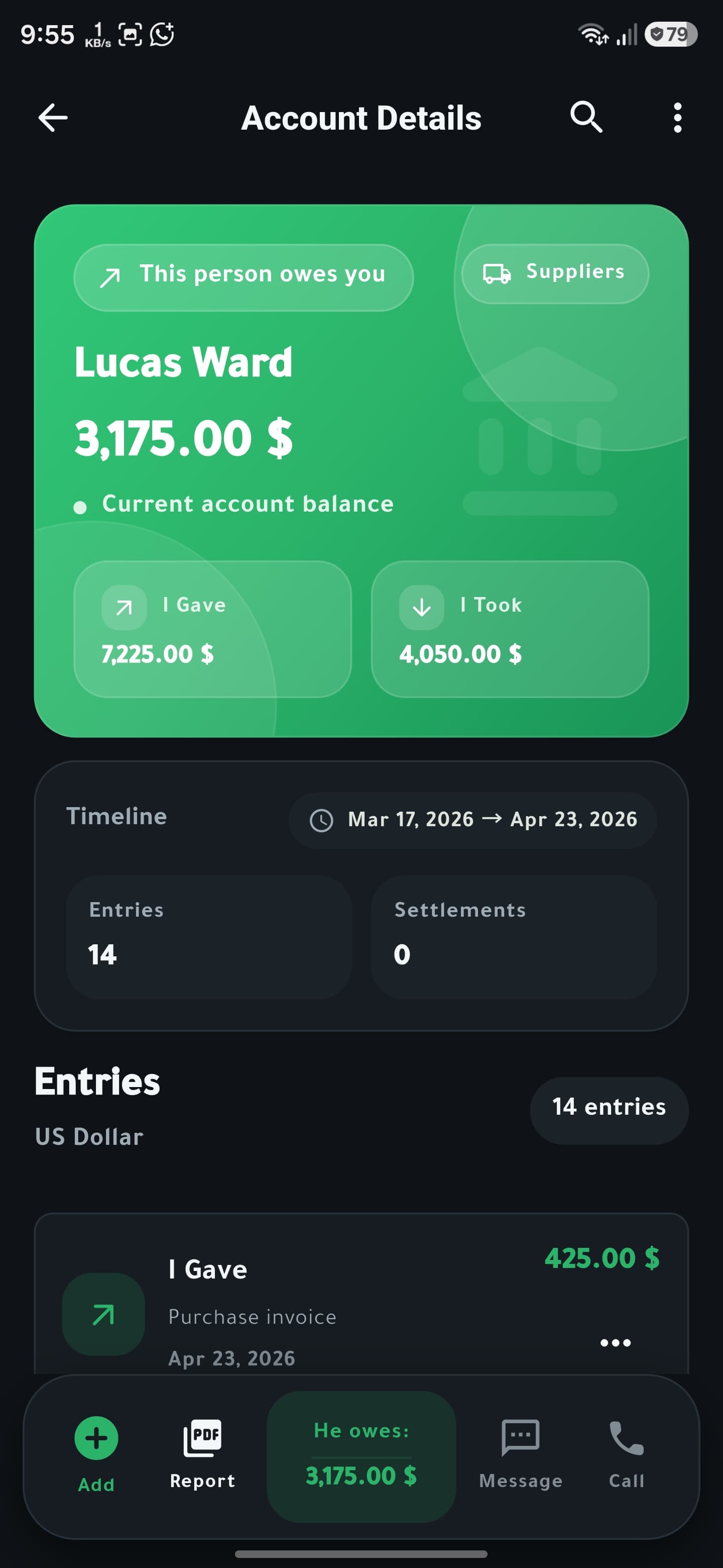 VeloDebt dark mode account details screenshot