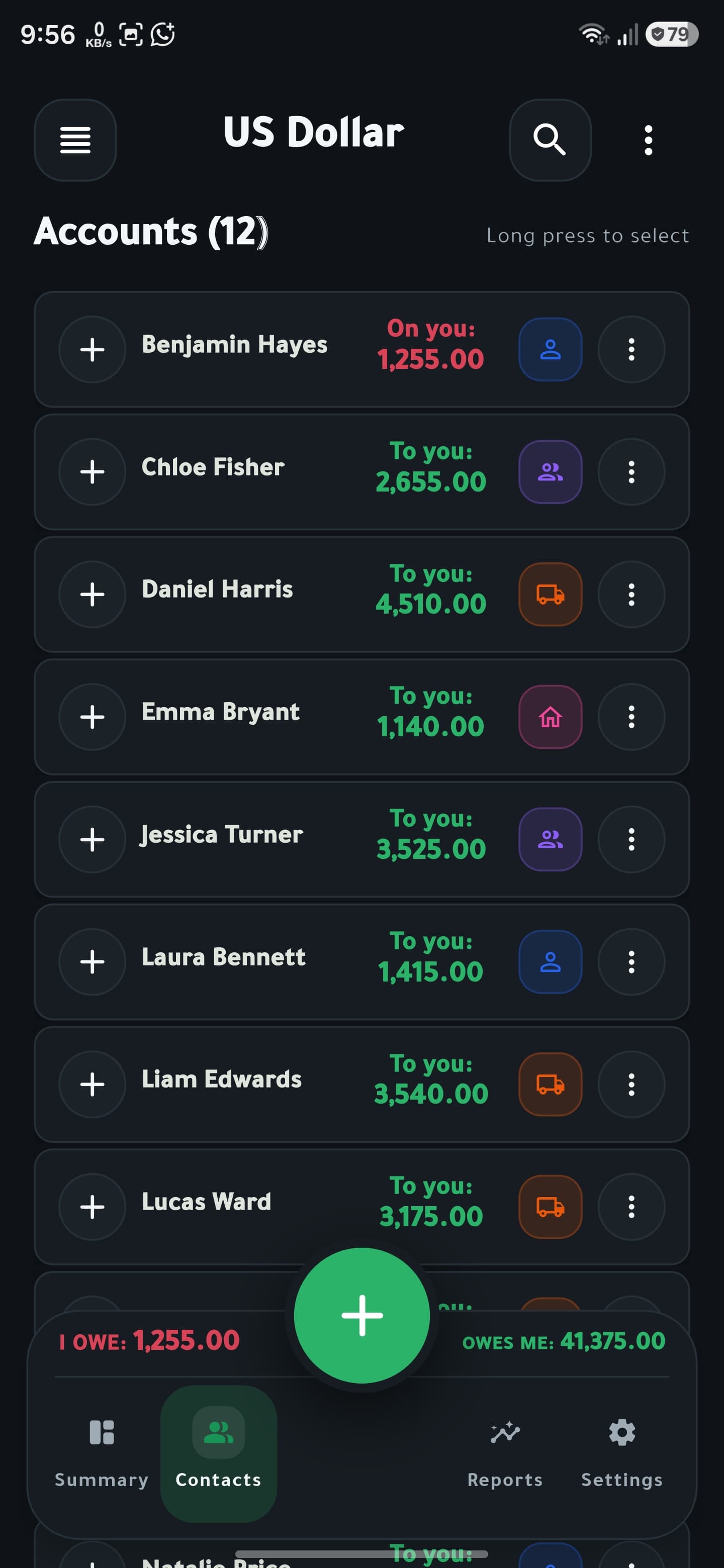 VeloDebt dark mode compact contacts screenshot