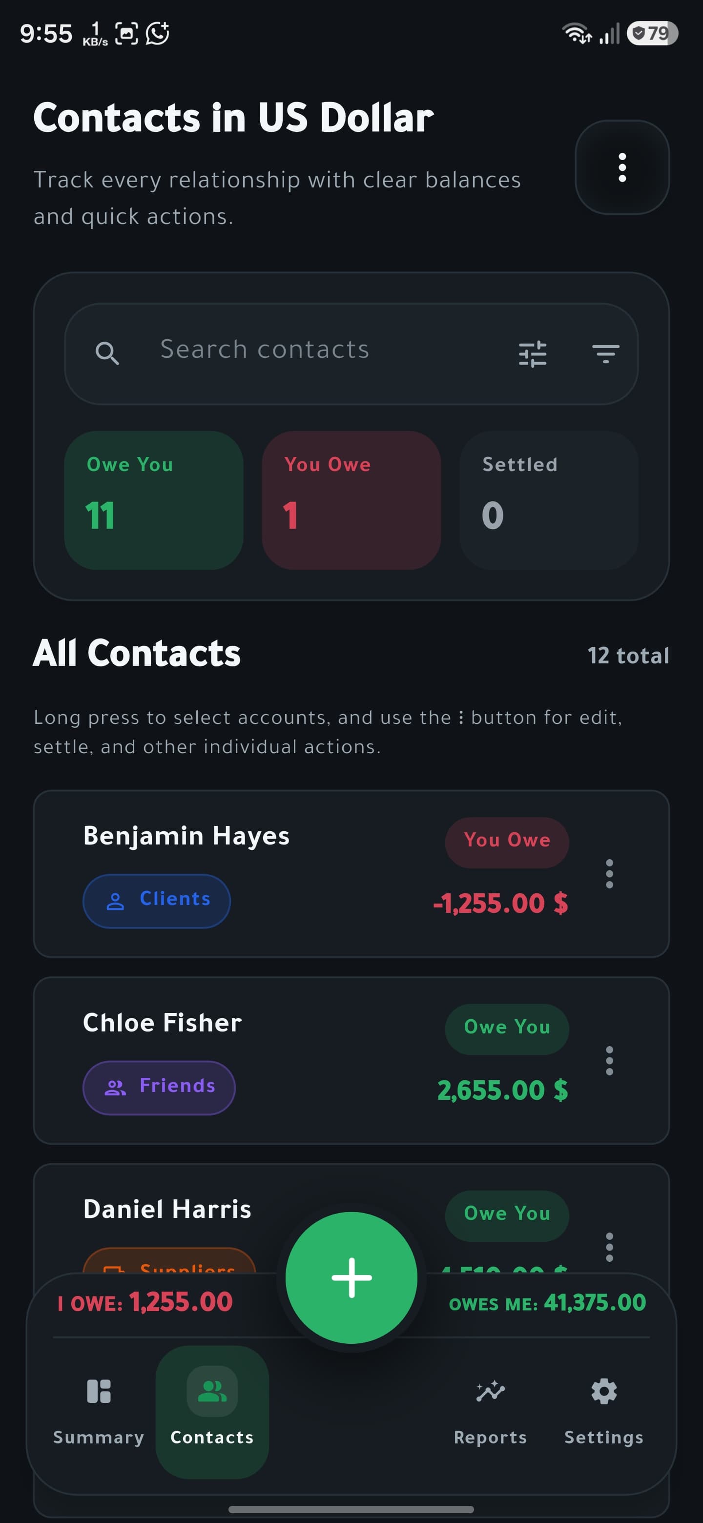 VeloDebt dark mode contacts overview screenshot