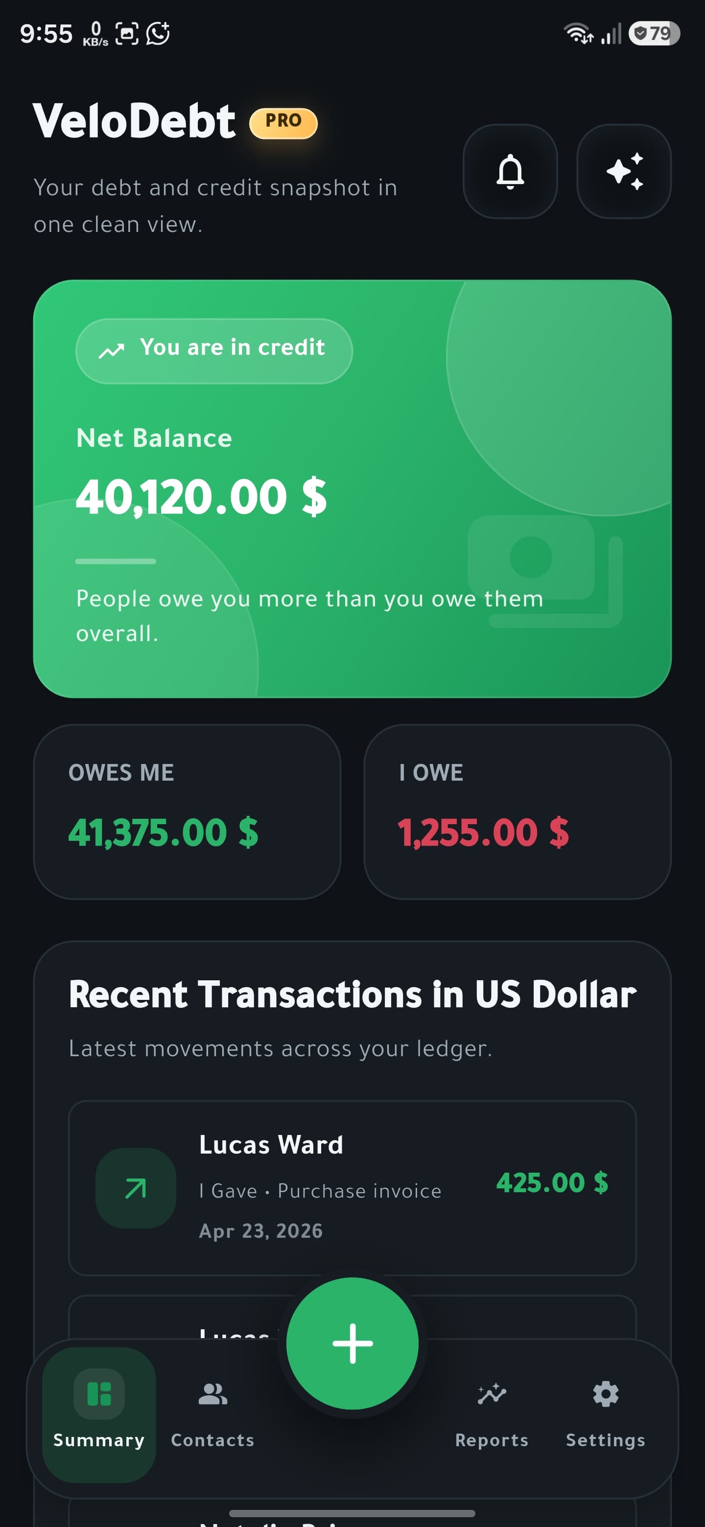 VeloDebt dark mode summary dashboard screenshot