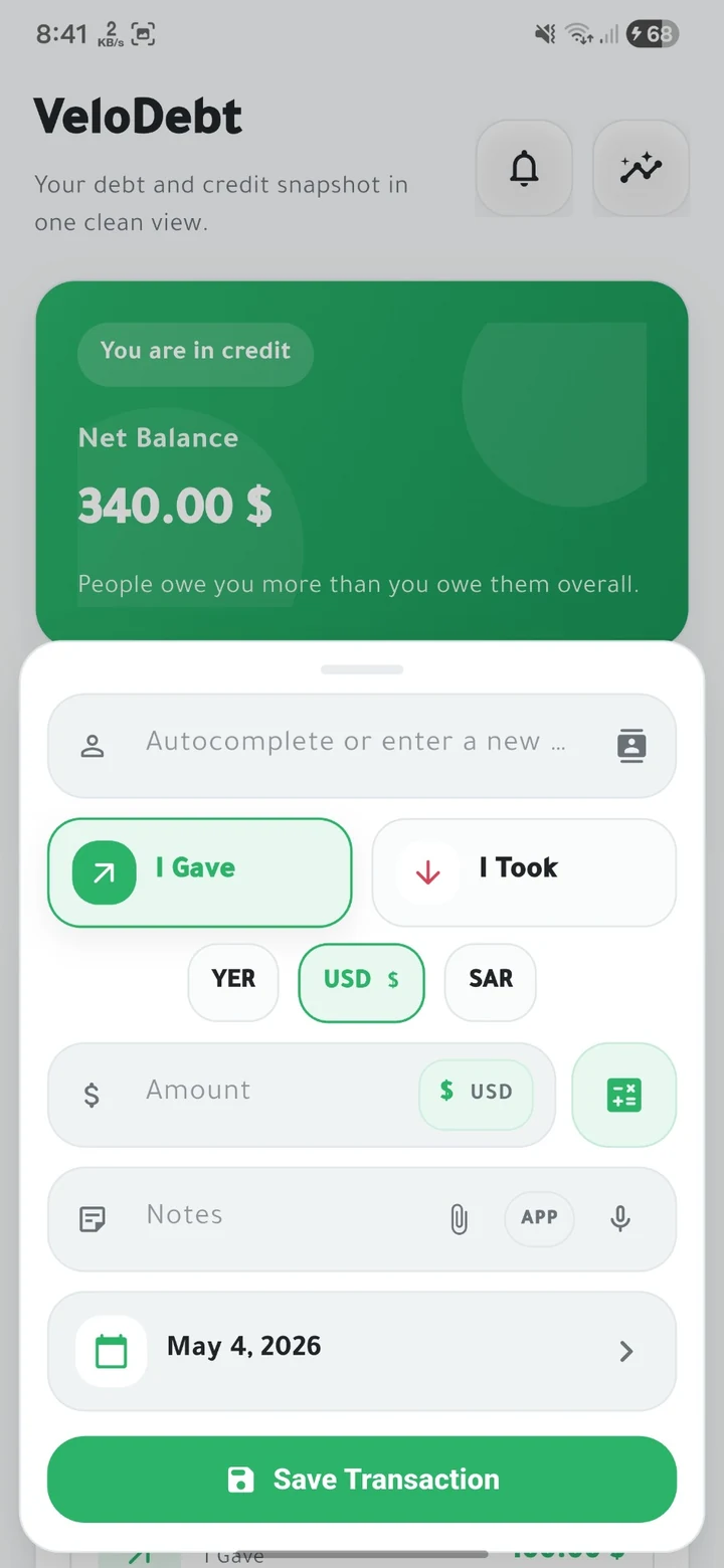 VeloDebt add transaction screenshot