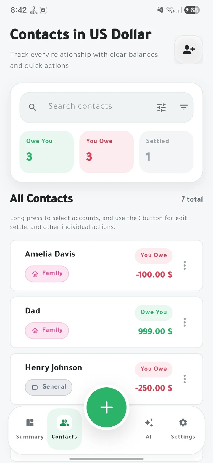 VeloDebt contacts overview screenshot