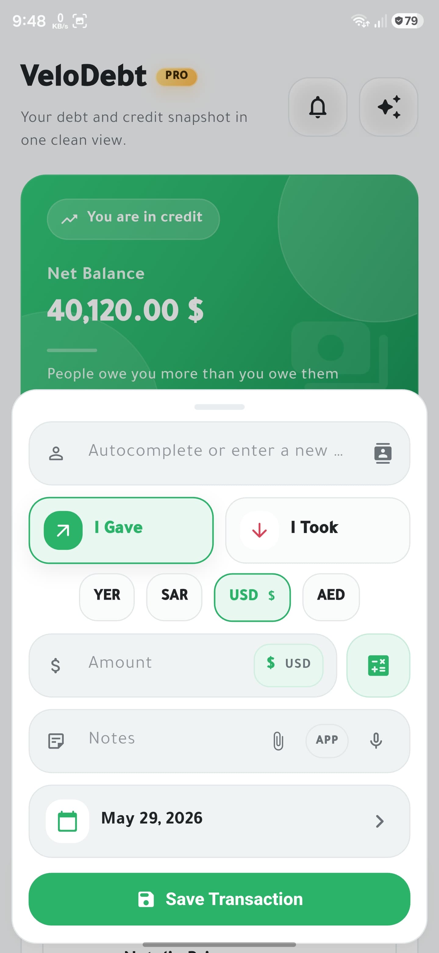 VeloDebt add transaction screenshot