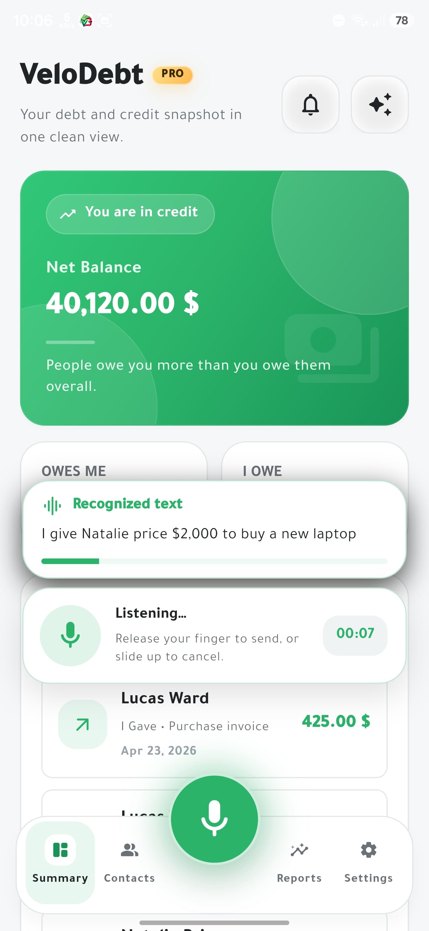 VeloDebt voice capture screenshot