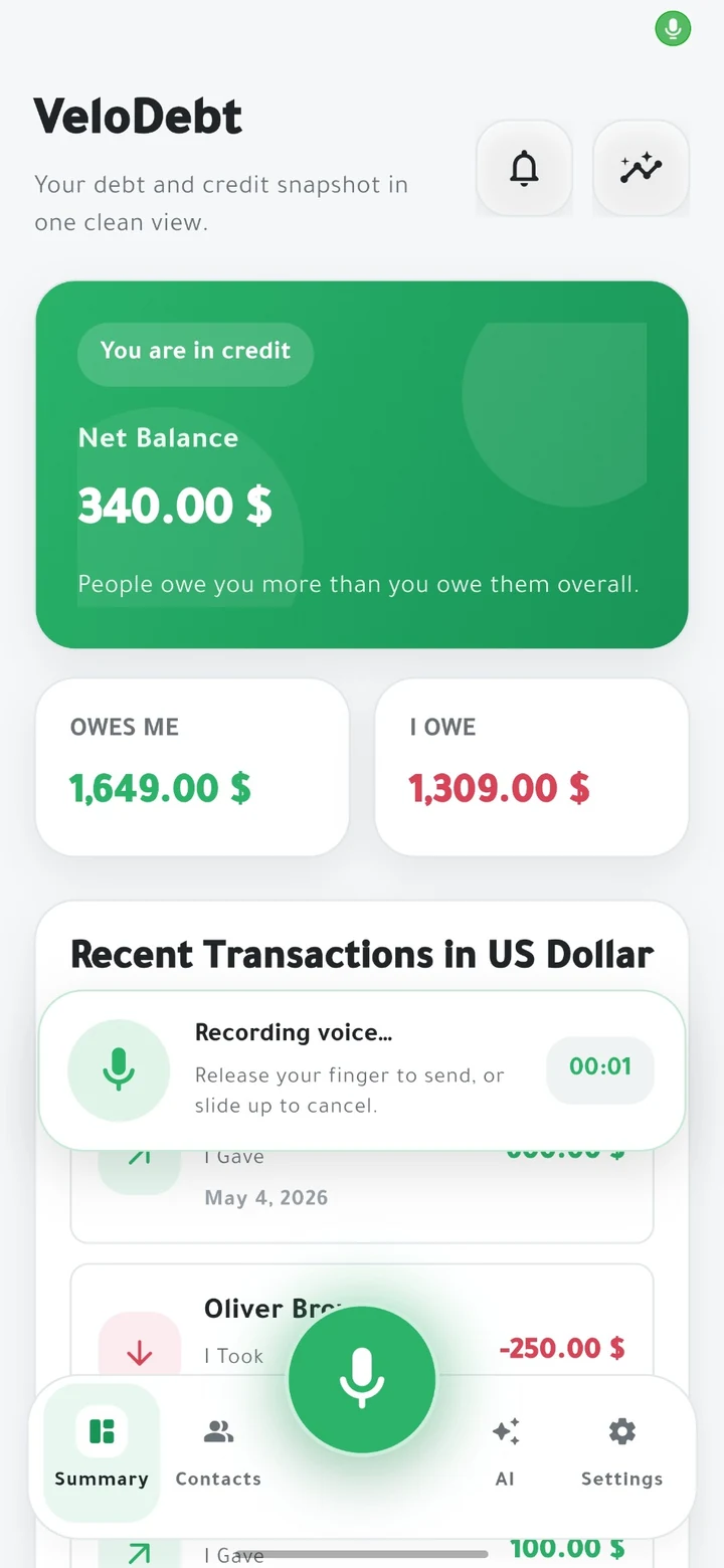 VeloDebt voice capture screenshot